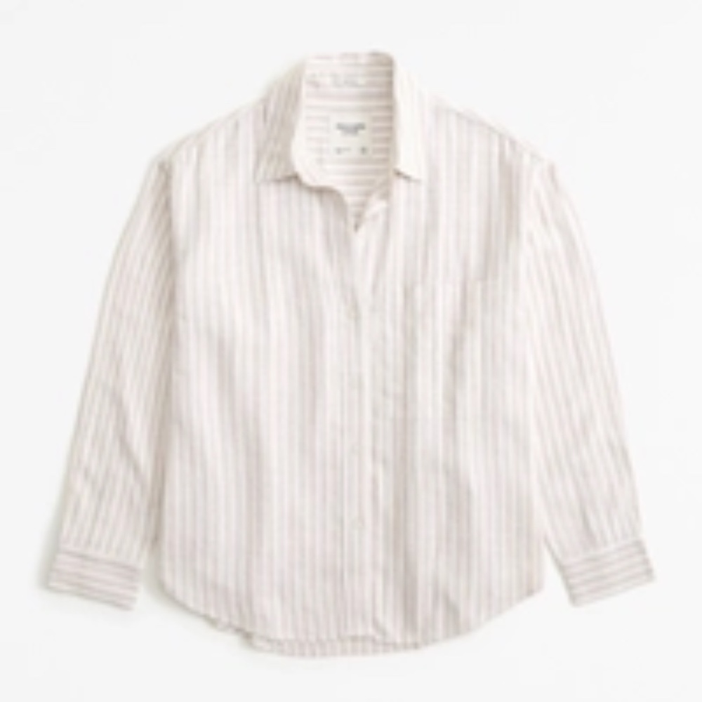 Abercrombie & Fitch Oversized Linen Blend Shirt Brown Stripe, Step Hem, Size XS
